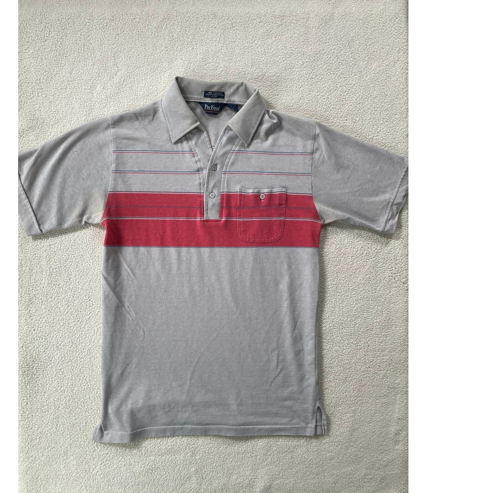 Par Four Mens Medium Polo Shirt Grey Red Striped Short Sleeve Vintage Pocket